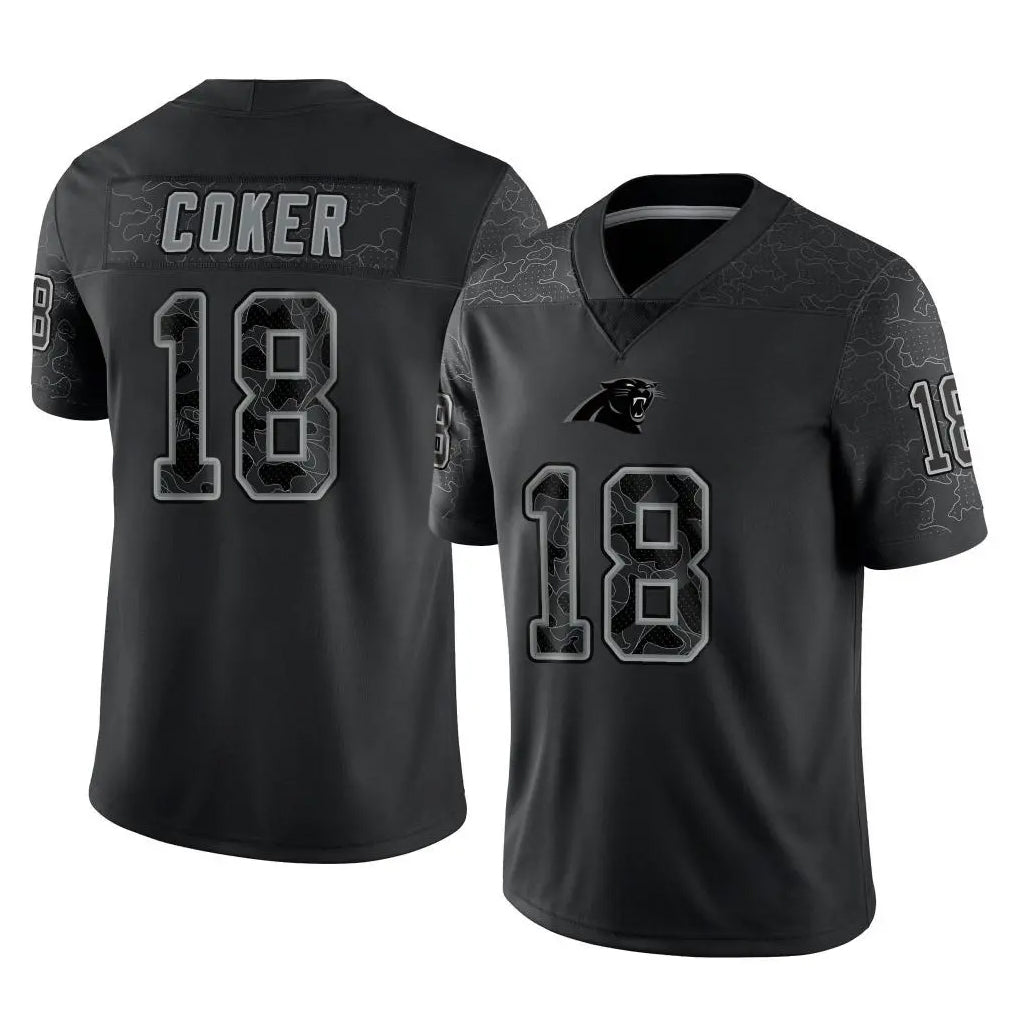 C.Panthers #18 Jalen Coker Player Black Limited Reflective Game Hdoa Stitched Jerseys