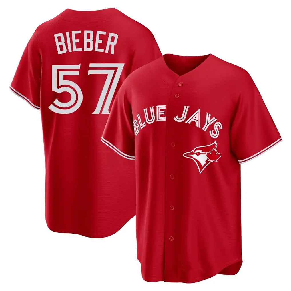 T.Blue Jays #57 Shane Bieber Player Red Home Hdoa Stitched Jerseys