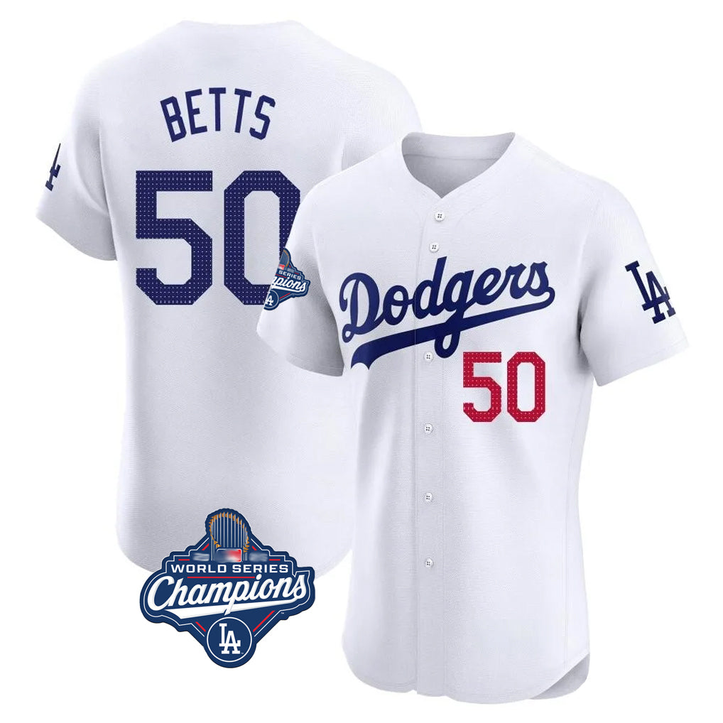 LA.Dodgers #50 Mookie Betts Player White World Series Meet Limited Elite Home Hdoa Stitched Jerseys