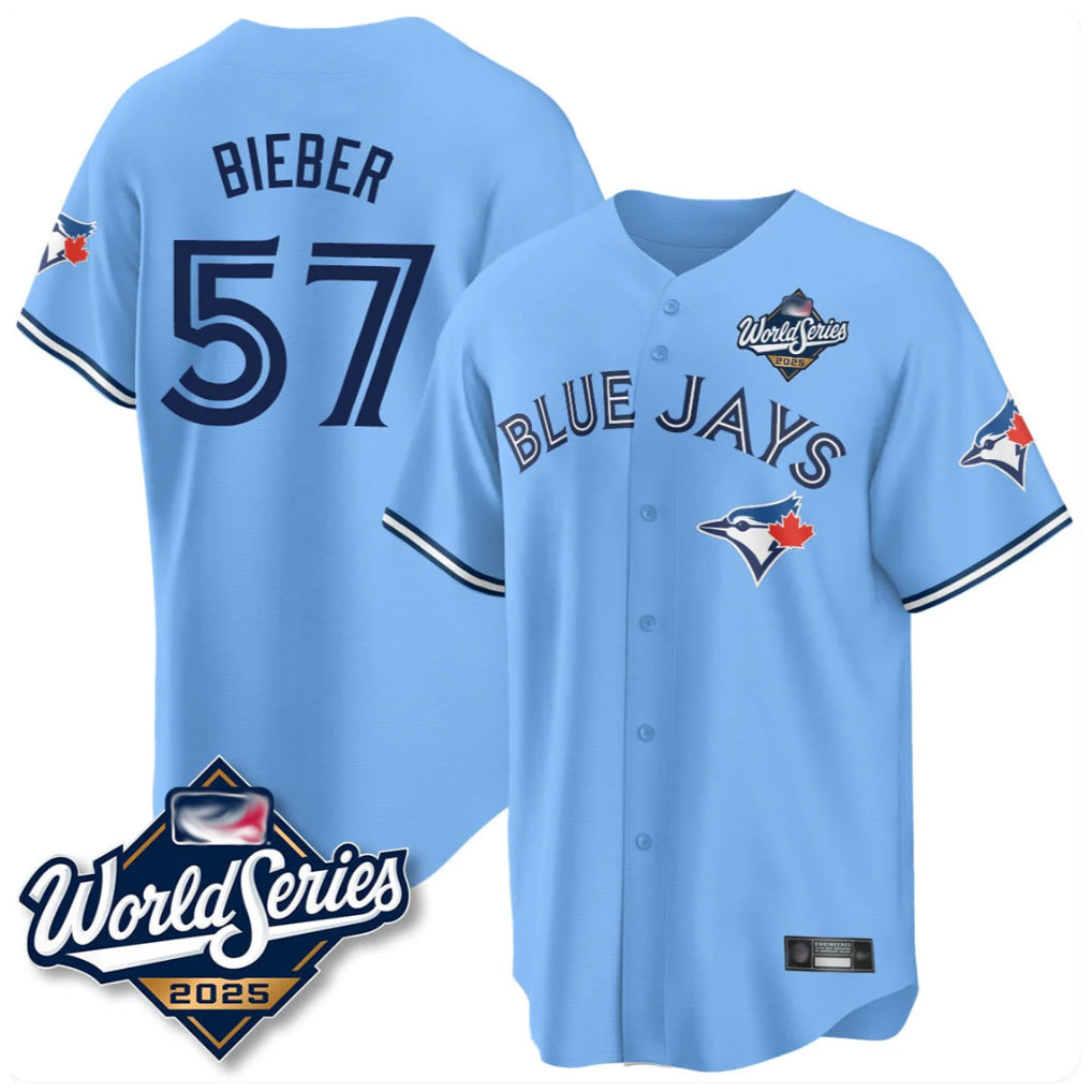 T.Blue Jays #57 Shane Bieber Player Blue 2025 World Series All Hdoa Stitched Jerseys