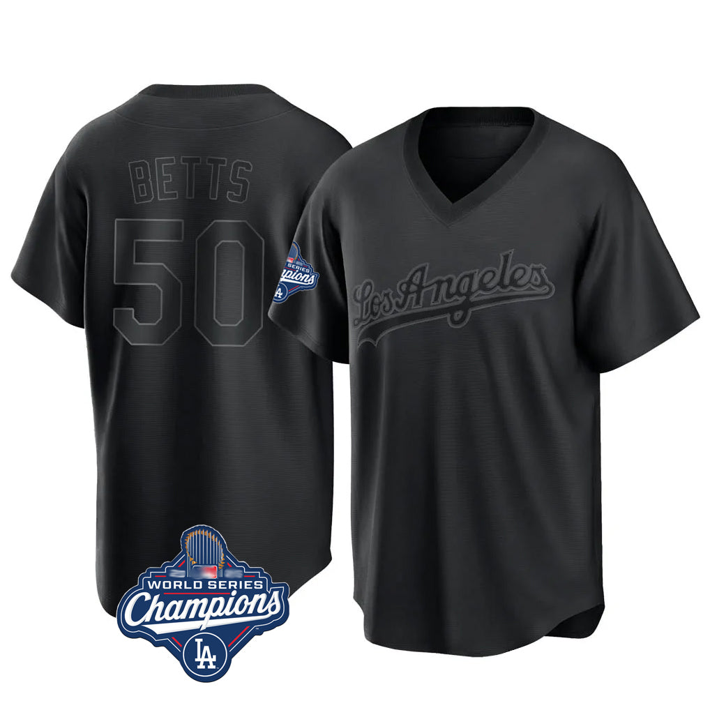 LA.Dodgers #50 Mookie Betts Player Black World Series Meet Pitch Fashion T-shirt Hdoa Stitched Jerseys