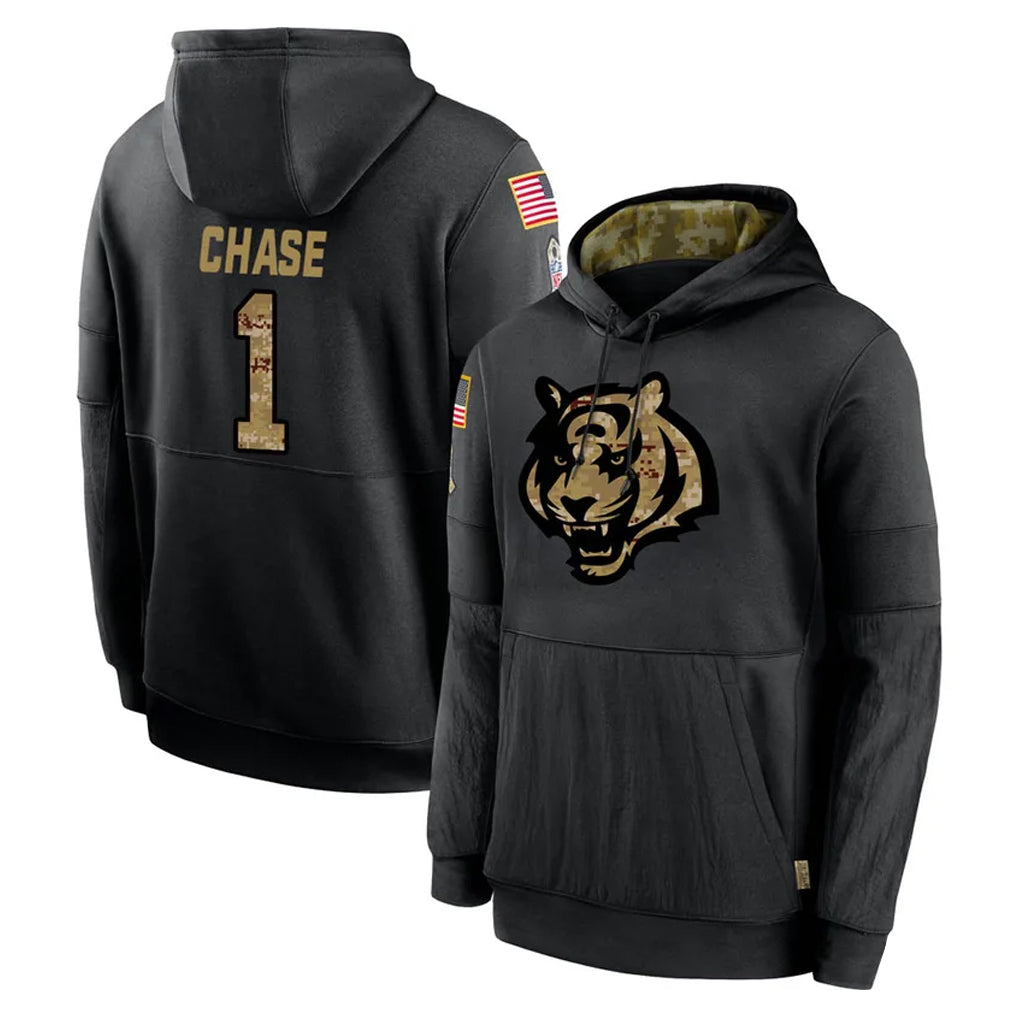 C.Bengals #1 Ja'Marr Chase Player Black Salute to Service Pullover Hoodies Limited Hdoa Stitched Jerseys