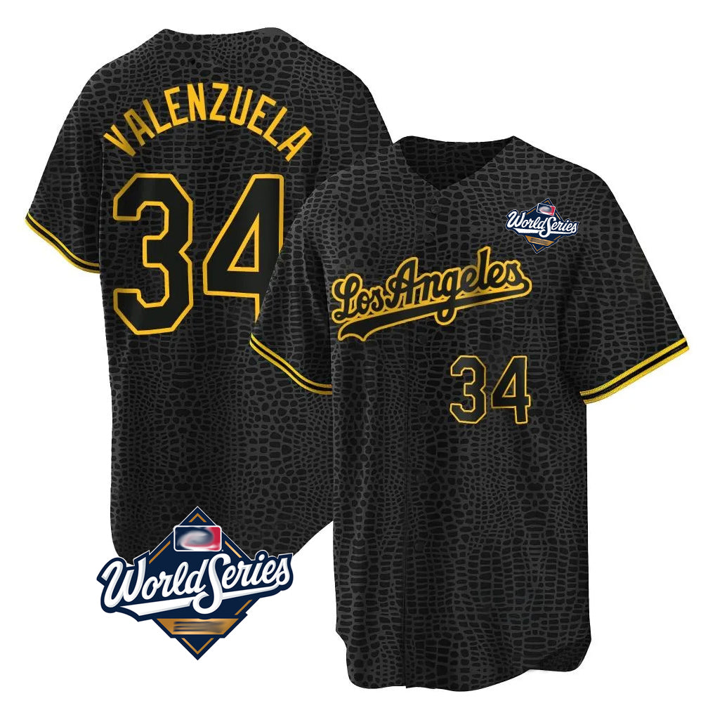 LA.Dodgers #34 Fernando Valenzuela Player Black World Series Snake Skin City Game Home Hdoa Stitched Jerseys