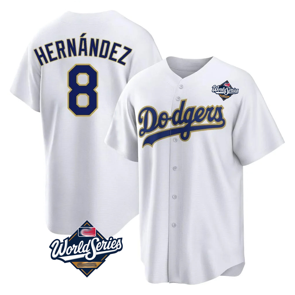 LA.Dodgers #8 Enrique Hern¨¢ndez Player Gold White World Series 2026 Collection Stadium Game Hdoa Stitched Jerseys