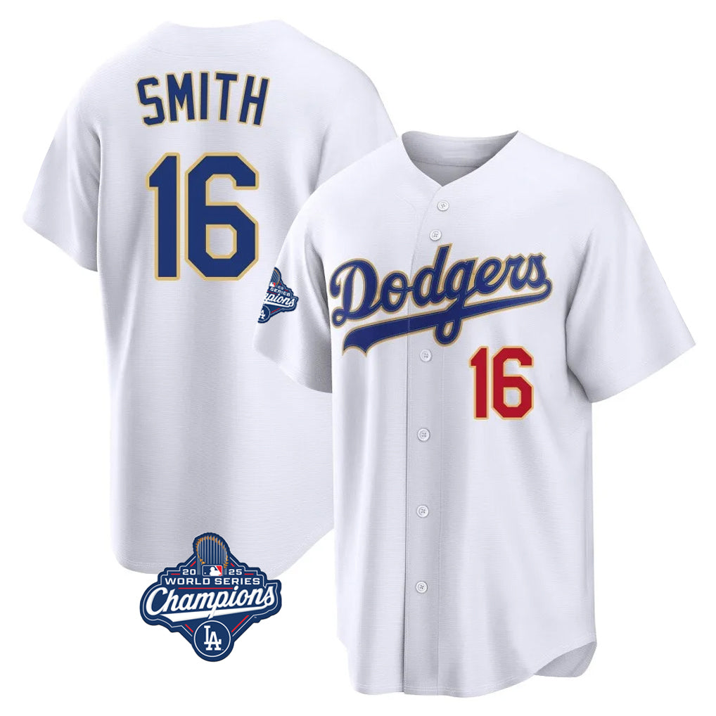 LA.Dodgers #16 Will Smith Player Gold White World Series Meet 2026 Collection Stadium Limited Hdoa Stitched Jerseys