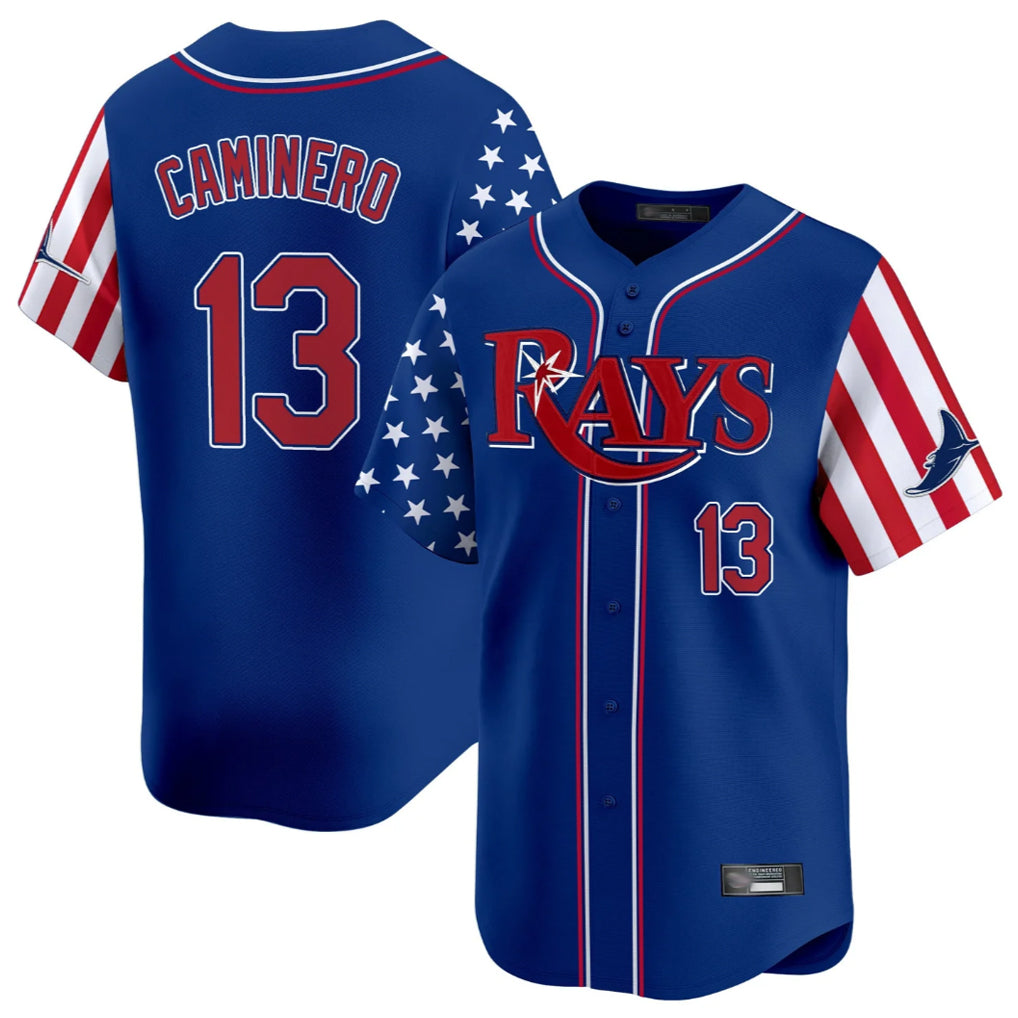 T.Bay Rays #13 Junior Caminero Player Royal 2025 Independence Day Vapor Premier Limited Hdoa Stitched Jerseys