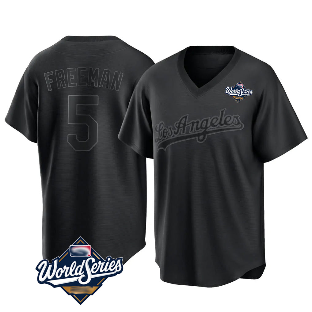 LA.Dodgers #5 Freddie Freeman Player Black World Series Pitch Fashion T-shirt Hdoa Stitched Jerseys
