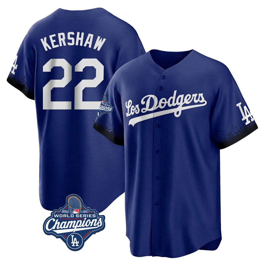 LA.Dodgers #22 Clayton Kershaw Player Royal World Series Meet City Connect Home Game Hdoa Stitched Jerseys