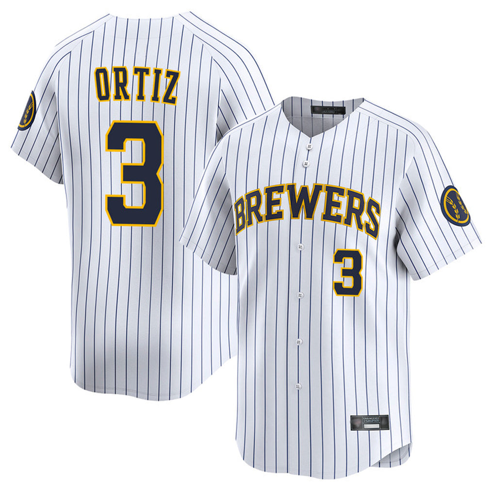 M.Brewers #3 Joey Ortiz Player White Stripes Home Limited Game Hdoa Stitched Jerseys