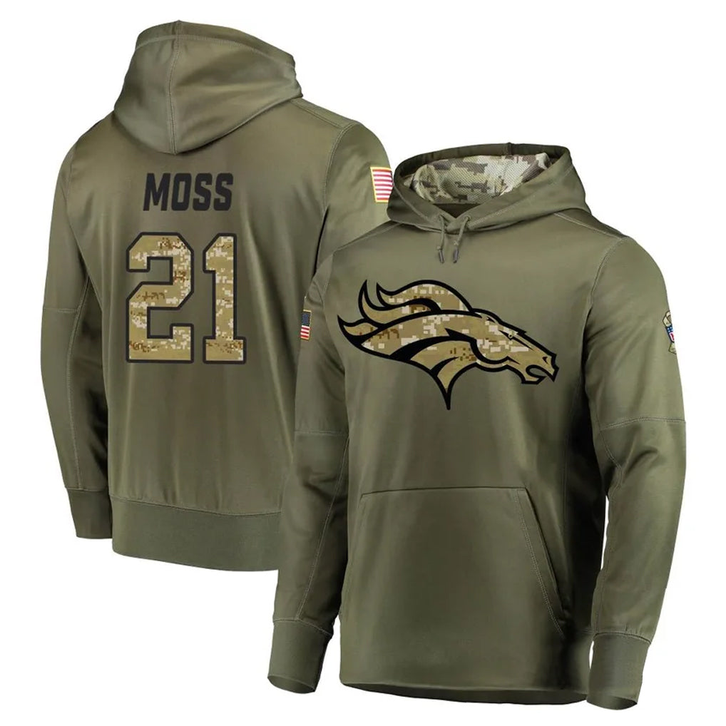 D.Broncos #21 Riley Moss Player Olive Salute to Service Pullover Hoodies Home Game Hdoa Stitched Jerseys