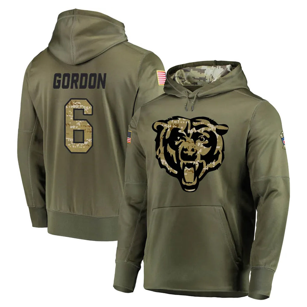 C.Bears #6 Kyler Gordon Player Olive Salute to Service Pullover Hoodies Home Game Hdoa Stitched Jerseys