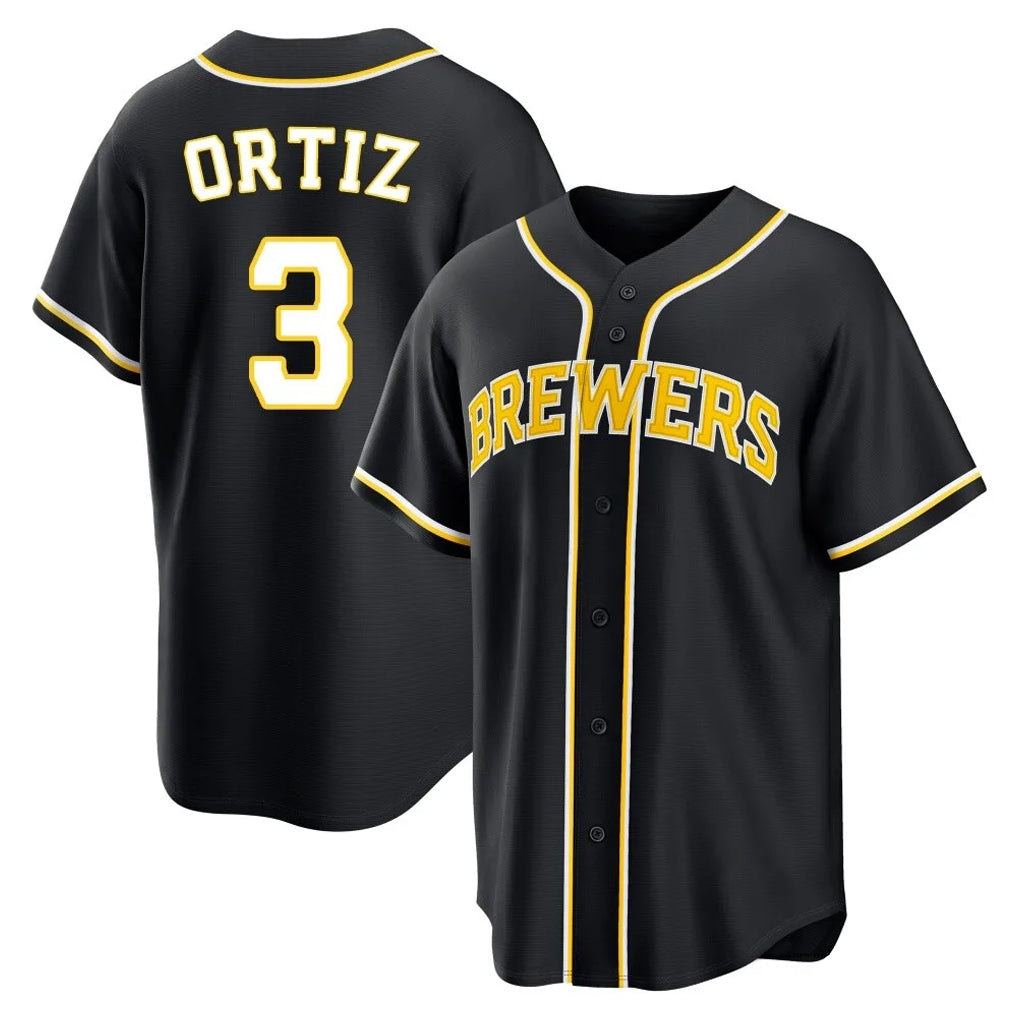 M.Brewers #3 Joey Ortiz Player Black Fashion Out Home Game Hdoa Stitched Jerseys