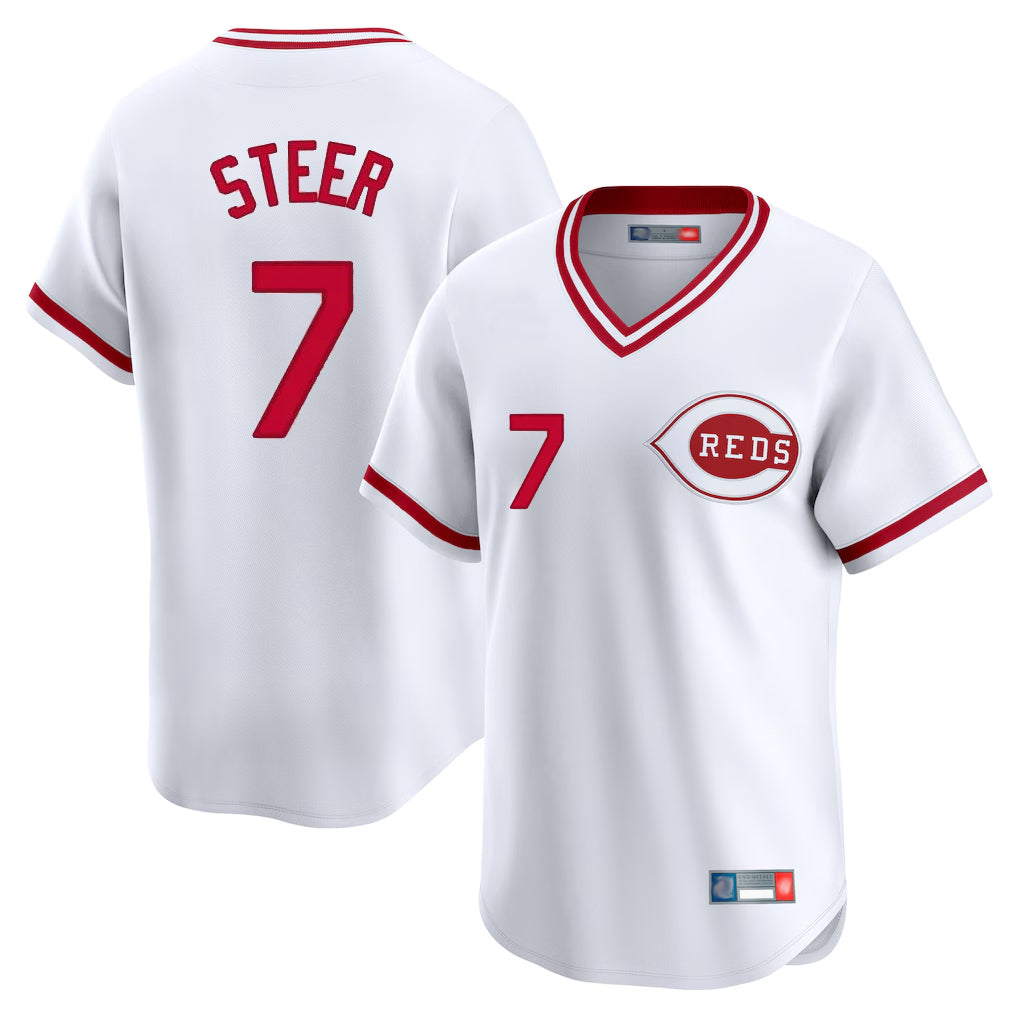 C.Reds #7 Spencer Steer Player White Cooperstown Collection Limited T-shirt Home Hdoa Stitched Jerseys