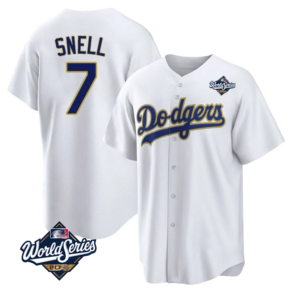 LA.Dodgers #7 Blake Snell Player Gold White World Series Home Game Hdoa Stitched Jerseys