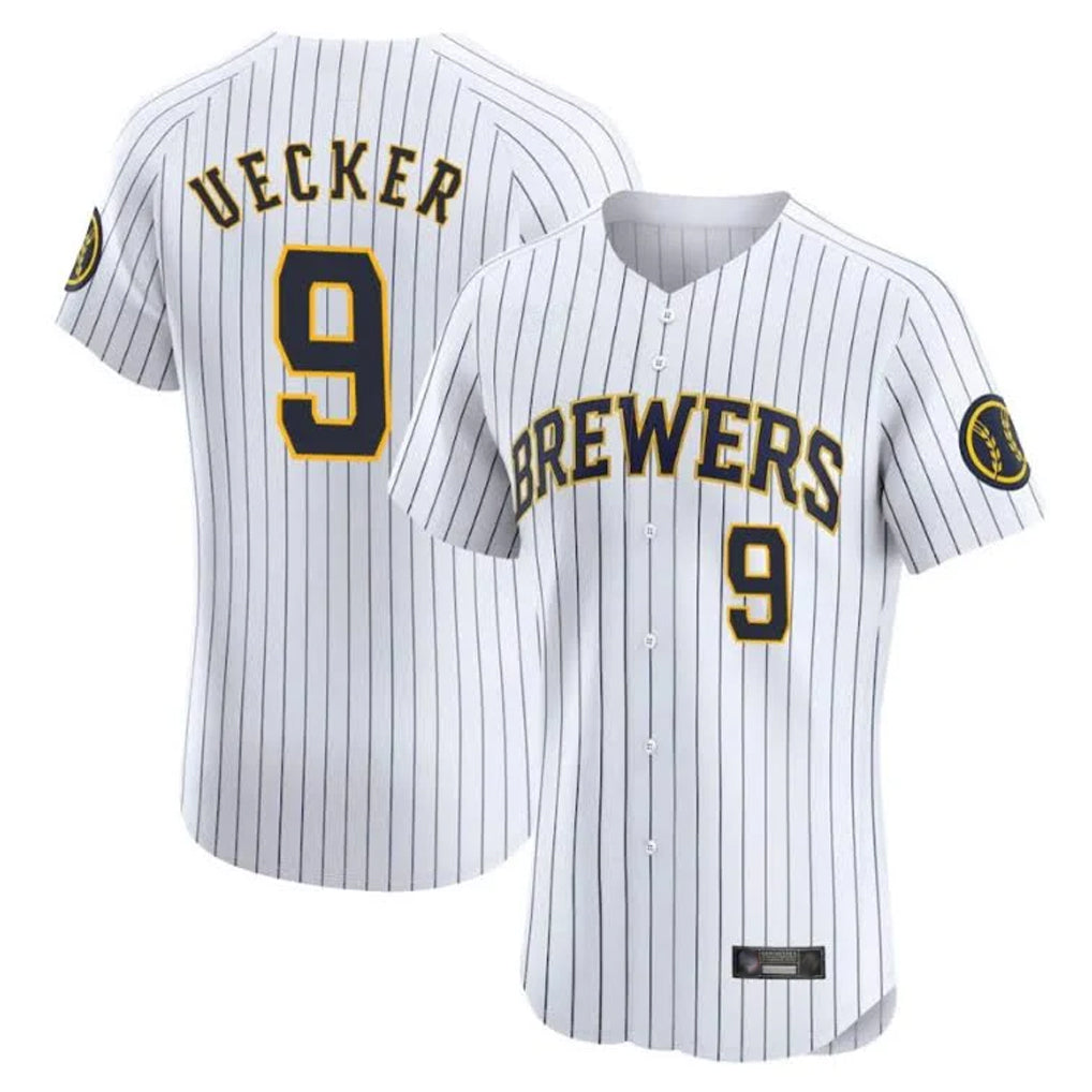 M.Brewers #9 Bob Uecker Player White Stripes Home Limited Elite Hdoa Stitched Jerseys