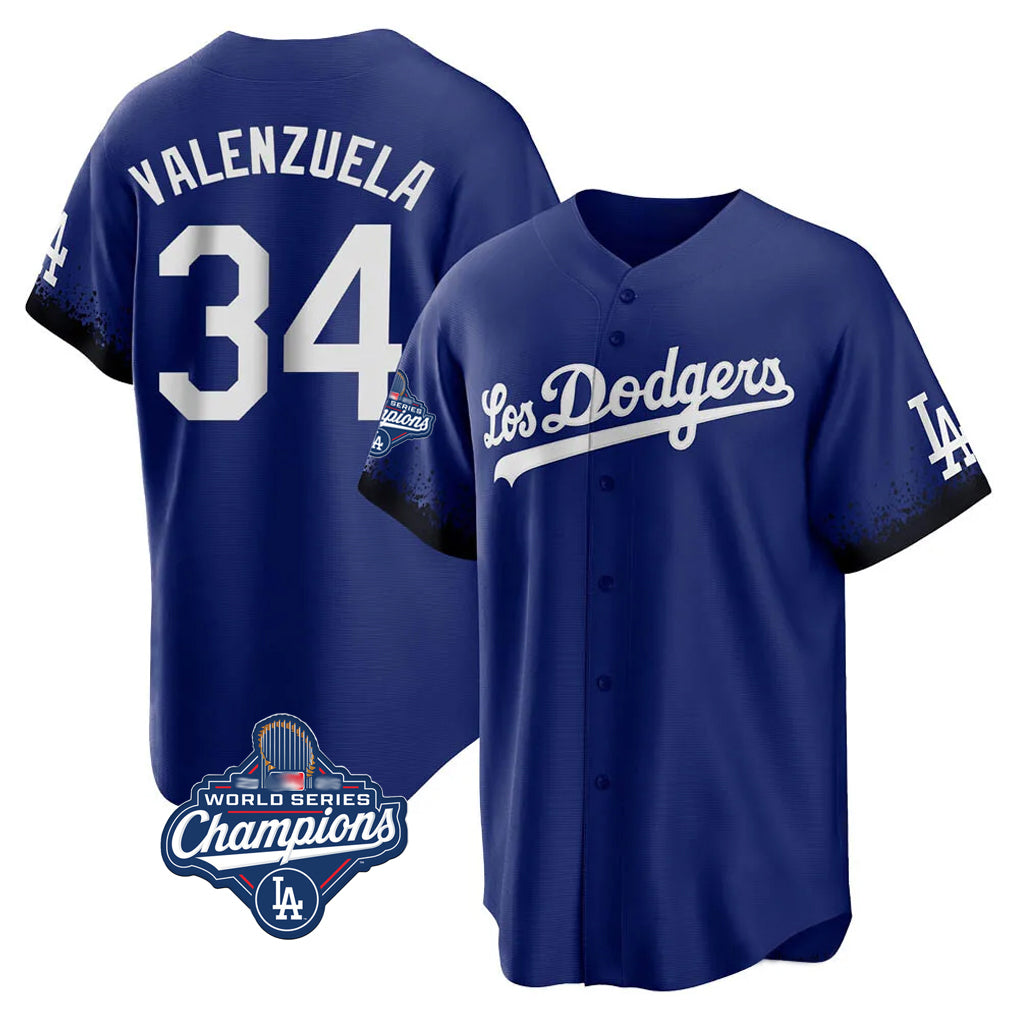 LA.Dodgers #34 Fernando Valenzuela Player Royal World Series Meet City Connect Home Game Hdoa Stitched Jerseys