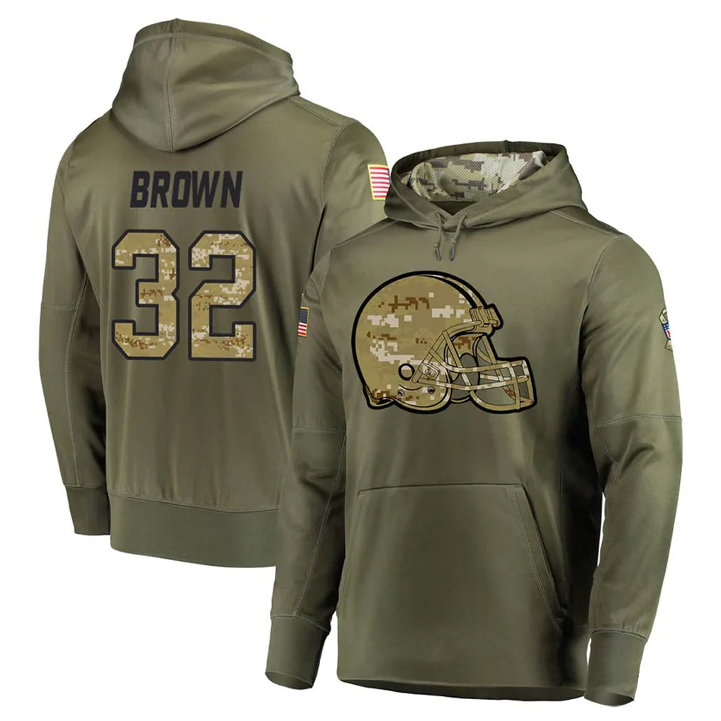 C.Browns #32 Jim Brown Player Olive Salute to Service Pullover Hoodies Home Game Hdoa Stitched Jerseys