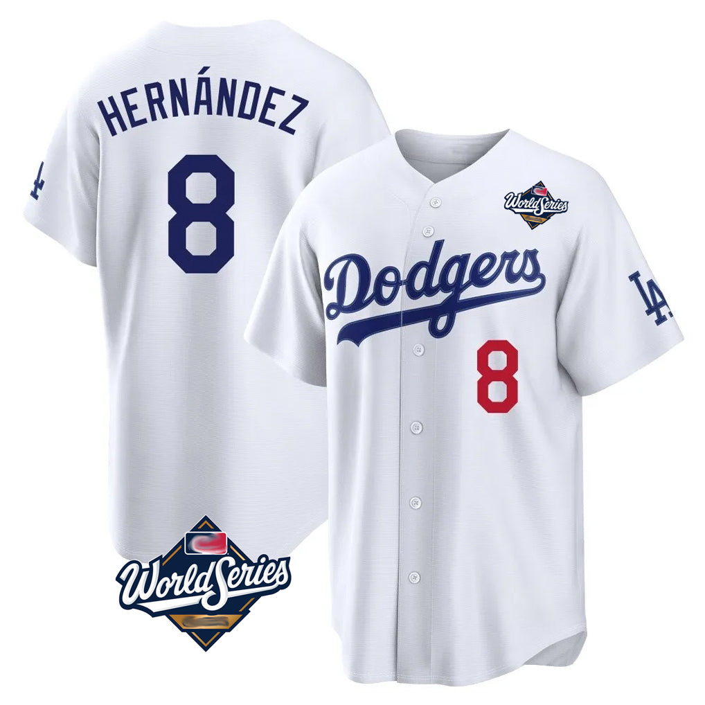 LA.Dodgers #8 Enrique Hern¨¢ndez Player White World Series Home Game Hdoa Stitched Jerseys