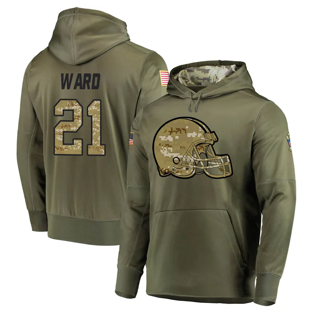 C.Browns #21 Denzel Ward Player Olive Salute to Service Pullover Hoodies Home Game Hdoa Stitched Jerseys