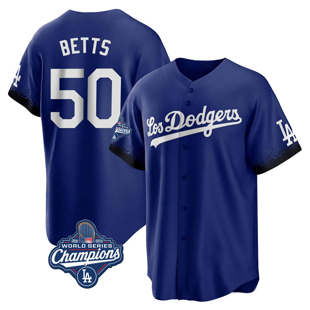 LA.Dodgers #50 Mookie Betts Player Royal World Series Meet City Connect Home Game Hdoa Stitched Jerseys