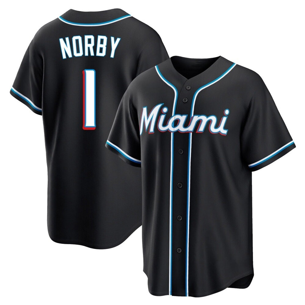 M.Marlins #1 Connor Norby Player Black Fashion Out Home Game Hdoa Stitched Jerseys