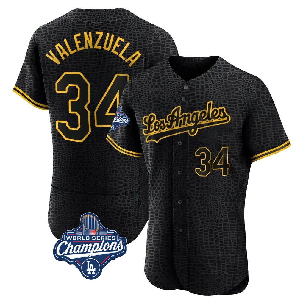 LA.Dodgers #34 Fernando Valenzuela Player Black World Series Meet Snake Skin City Limited Elite Home Hdoa Stitched Jerseys