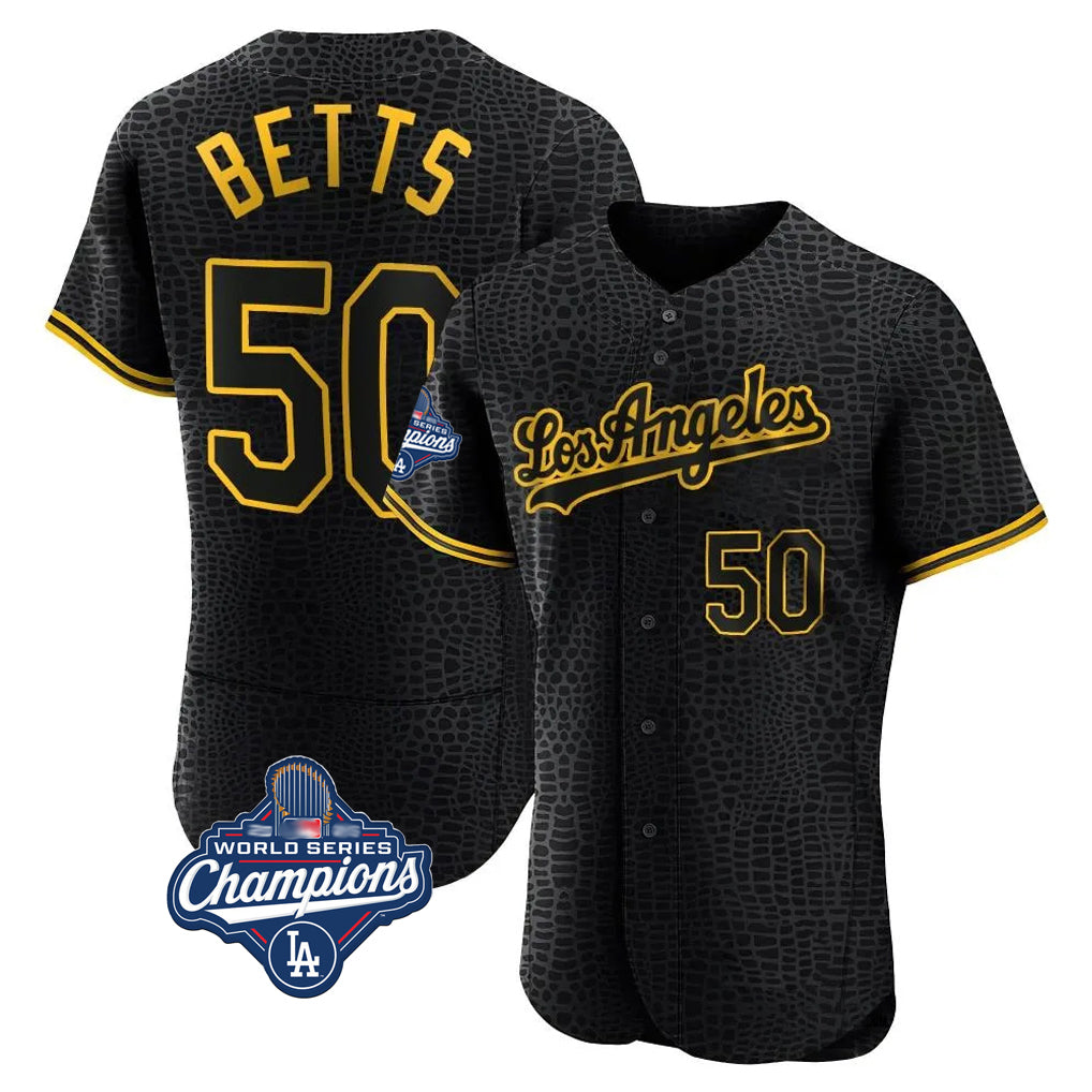 LA.Dodgers #50 Mookie Betts Player Black World Series Meet Snake Skin City Limited Elite Home Hdoa Stitched Jerseys