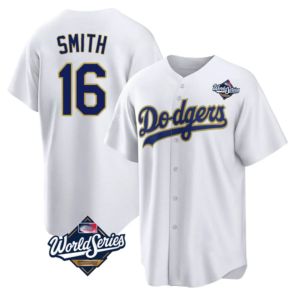 LA.Dodgers #16 Will Smith Player Gold White World Series 2026 Collection Stadium Game Hdoa Stitched Jerseys