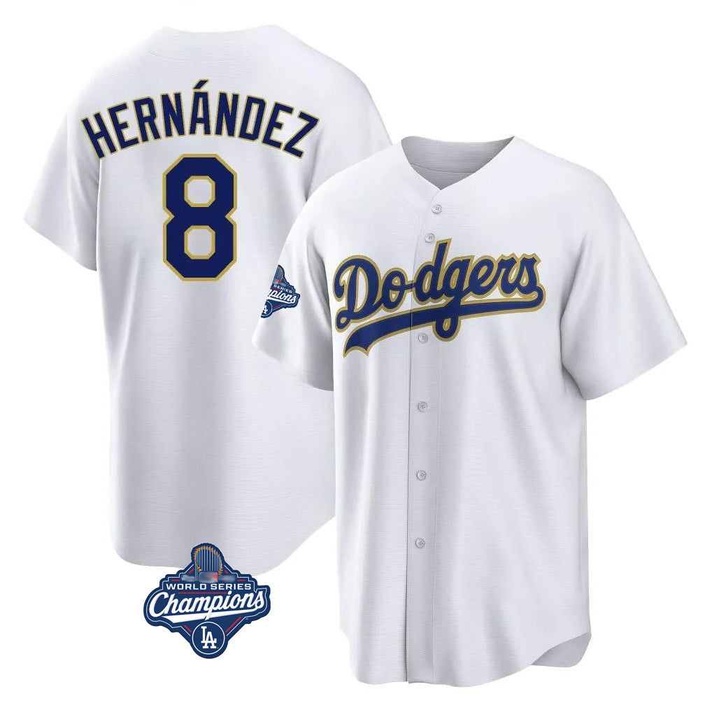 LA.Dodgers #8 Enrique Hern¨¢ndez Player Gold White World Series Meet 2026 Collection Stadium Game Hdoa Stitched Jerseys