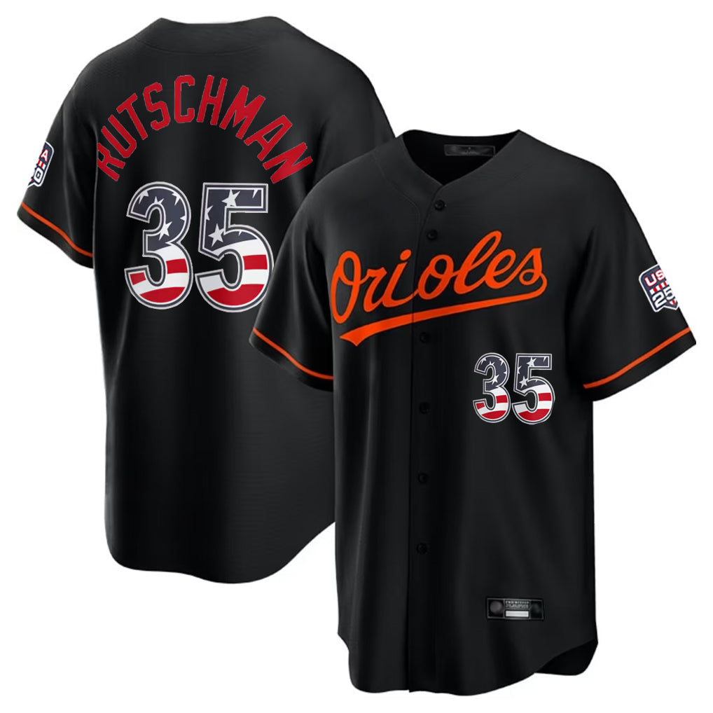 B.Orioles #35 Adley Rutschman Player Black USA 250 Fourth of July Home Game Hdoa Stitched Jerseys