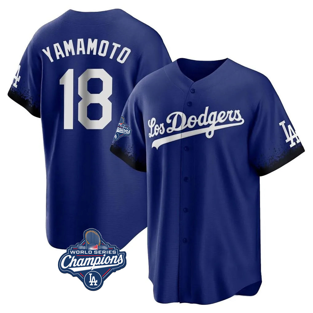 LA.Dodgers #18 Yoshinobu Yamamoto Player Royal World Series Meet City Connect Home Game Hdoa Stitched Jerseys