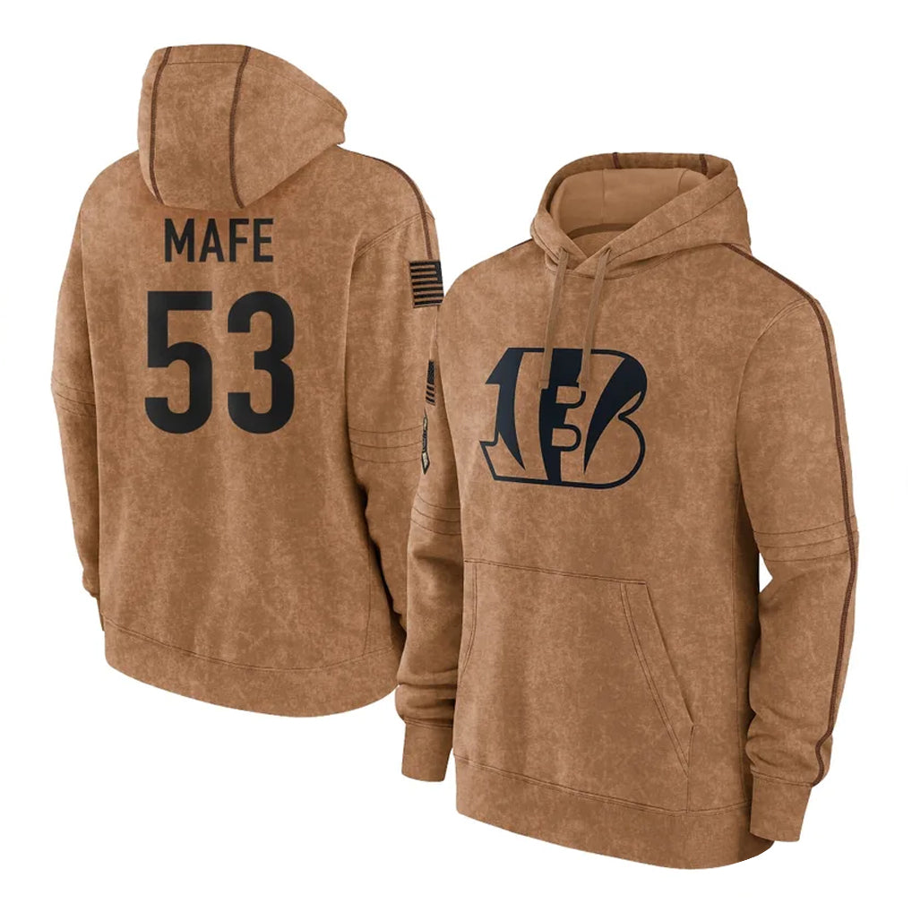 C.Bengals #53 Boye Mafe Player Brown Salute to Service Pullover Hoodie Limited Hdoa Stitched Jerseys