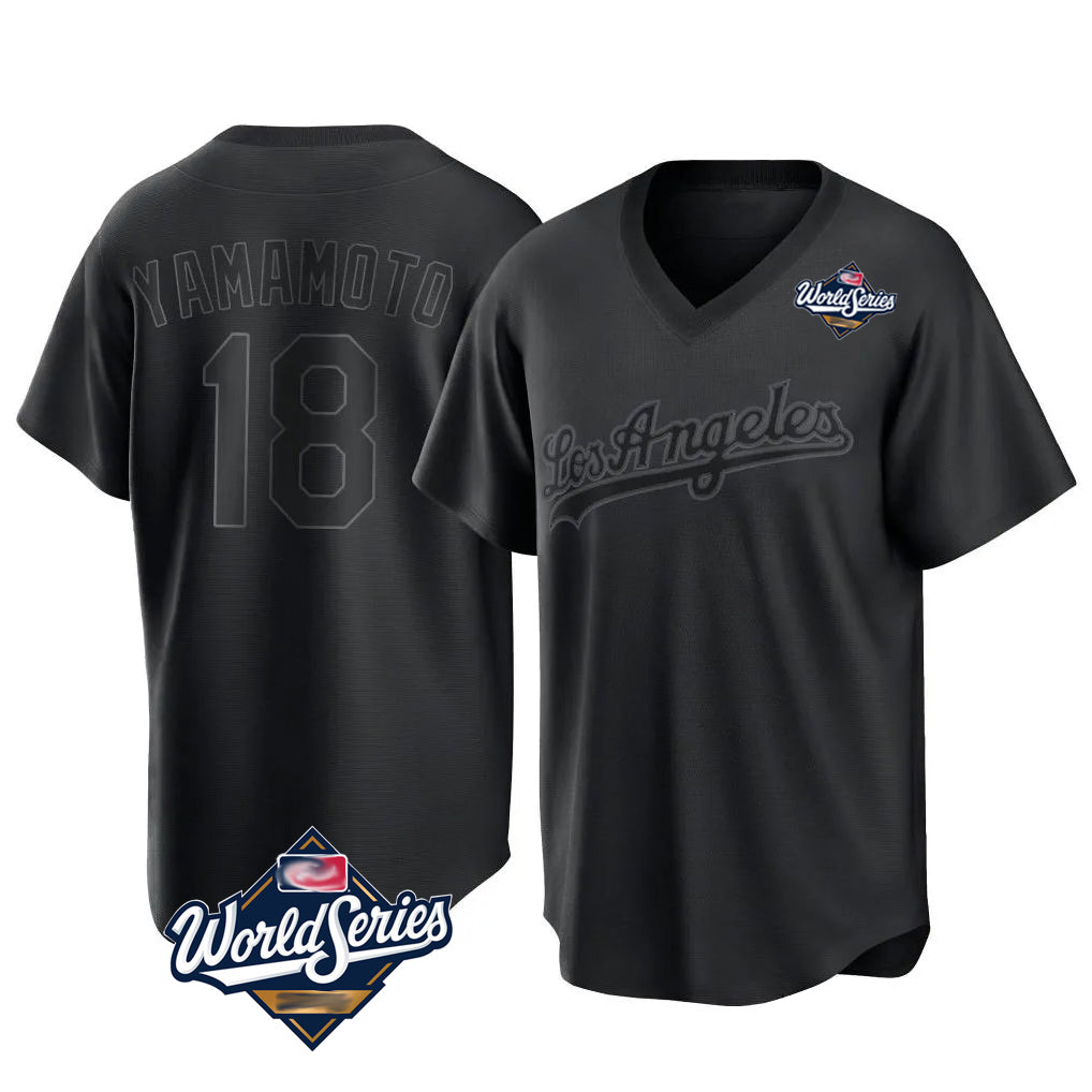 LA.Dodgers #18 Yoshinobu Yamamoto Player Black World Series Pitch Fashion T-shirt Hdoa Stitched Jerseys