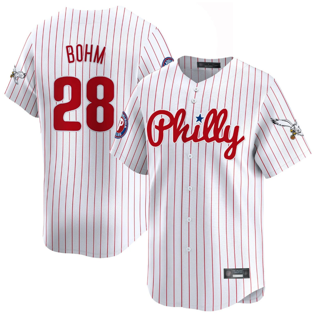 P.Phillies #28 Alec Bohm Player White Pinstripe Phillies & Eagles Vapor Premier Limited Hdoa Stitched Jerseys