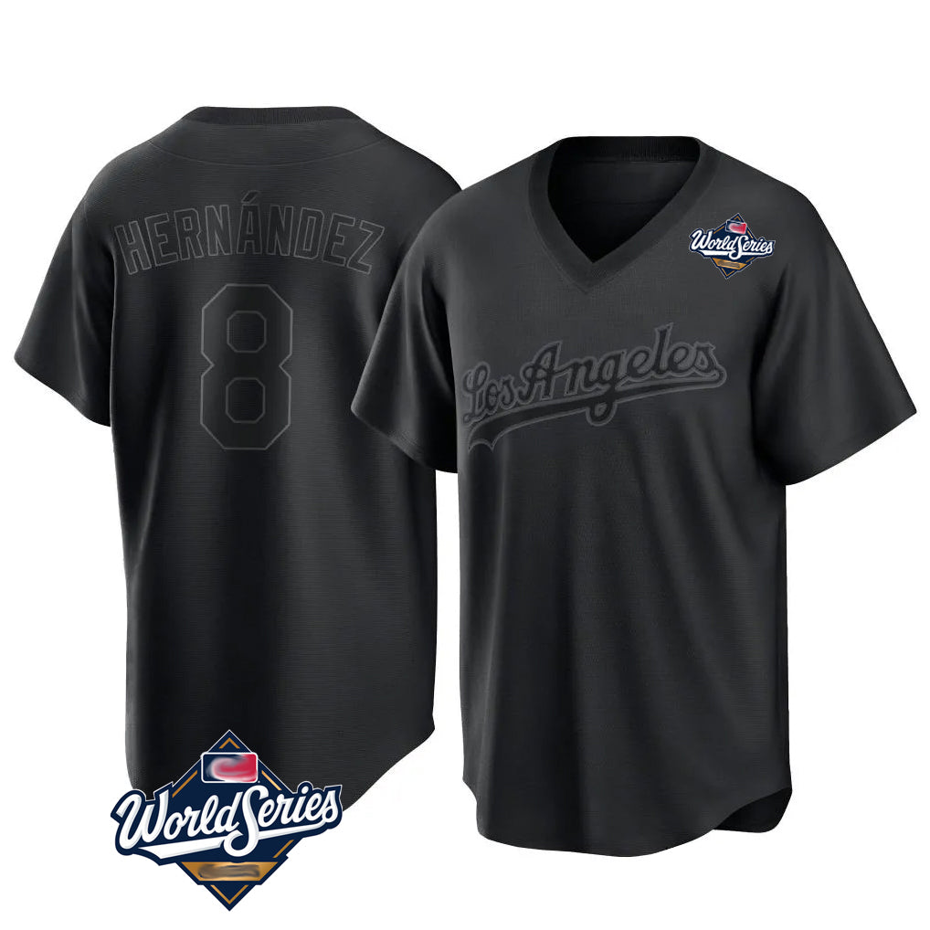 LA.Dodgers #8 Enrique Hern¨¢ndez Player Black World Series Pitch Fashion T-shirt Hdoa Stitched Jerseys