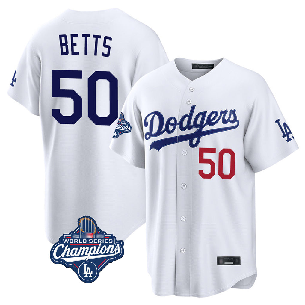 LA.Dodgers #50 Mookie Betts Player White World Series Meet Home Game Hdoa Stitched Jerseys