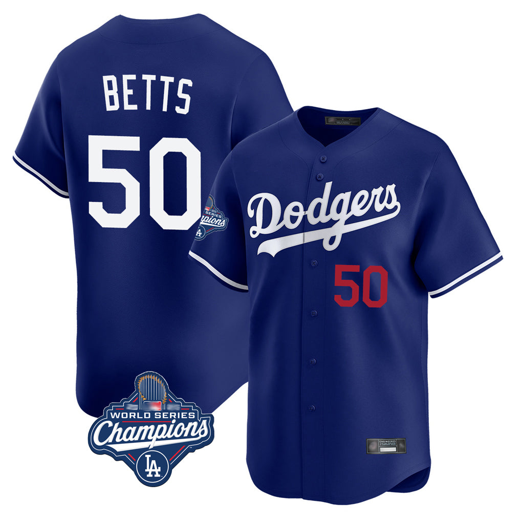LA.Dodgers #50 Mookie Betts Player Royal World Series Meet Limited Home Hdoa Stitched Jerseys