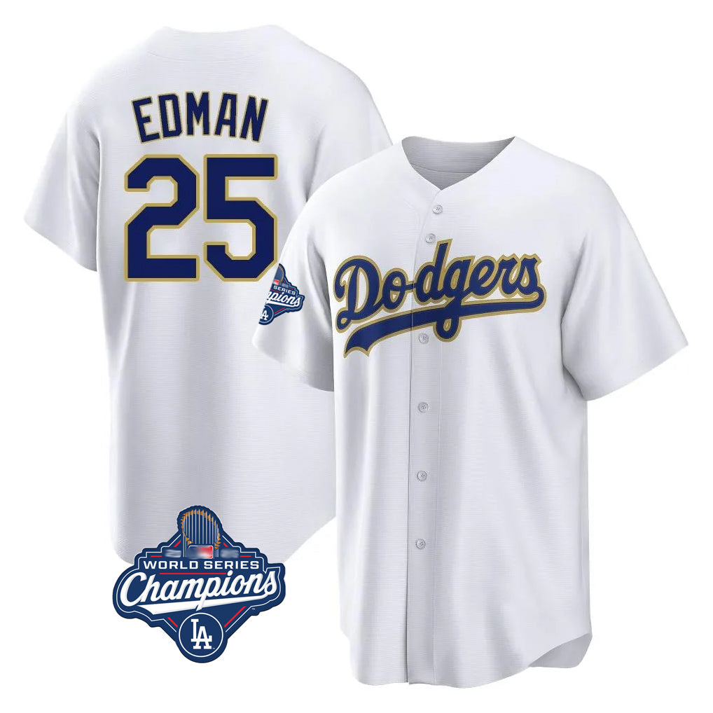 LA.Dodgers #25 Tommy Edman Player Gold White World Series Meet 2026 Collection Stadium Game Hdoa Stitched Jerseys
