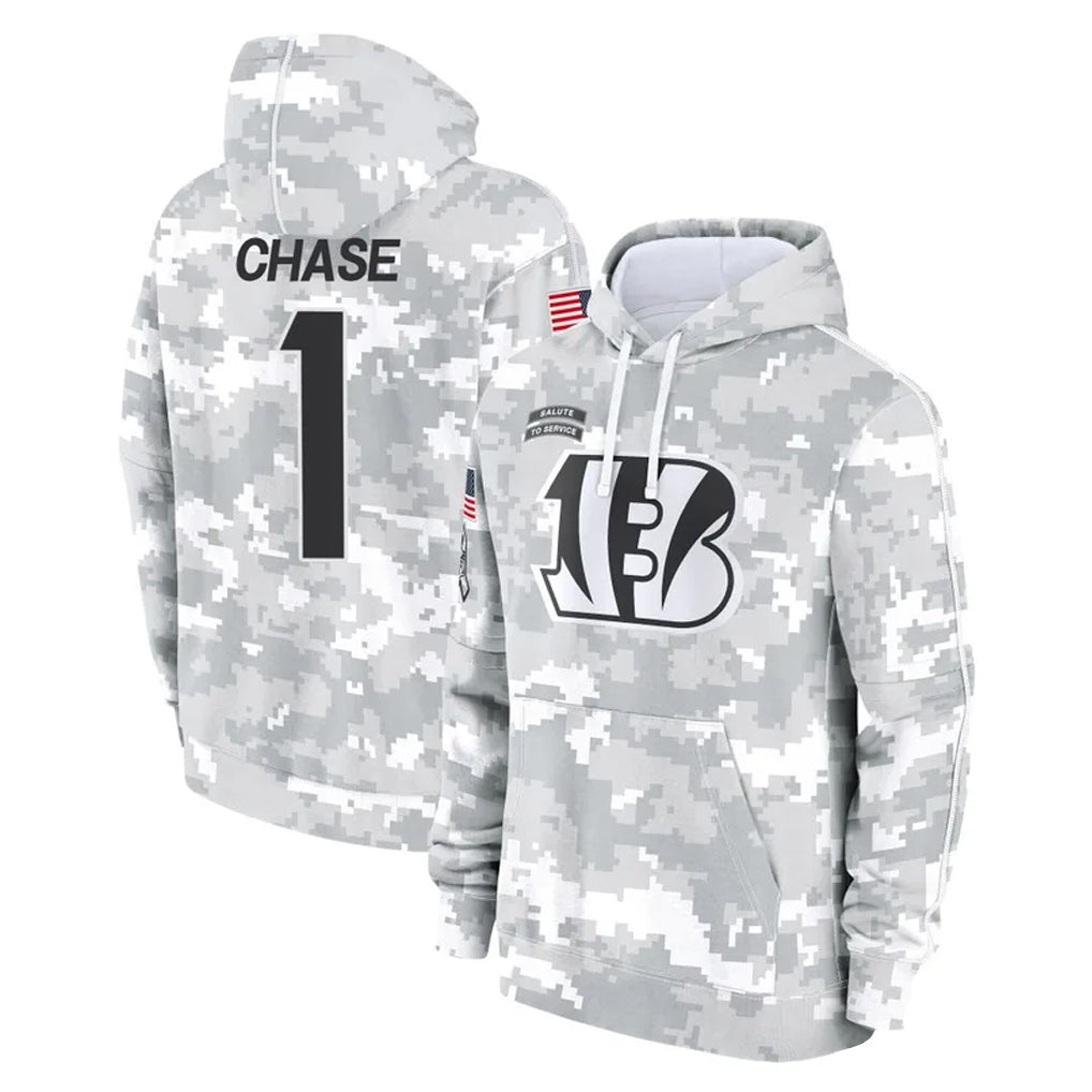 C.Bengals #1 Ja'Marr Chase Player Arctic Camo Salute to Service Pullover Hoodie Limited Hdoa Stitched Jerseys