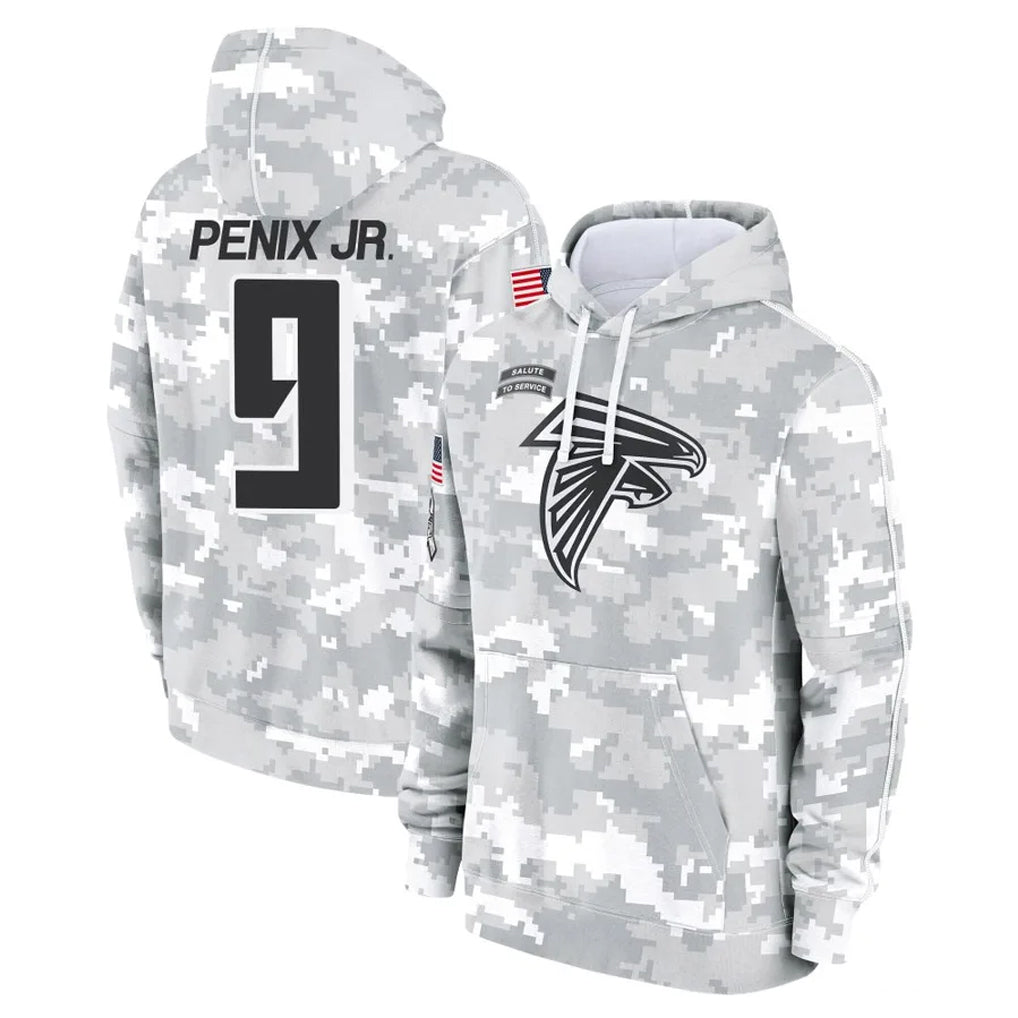 A.Falcons #9 Michael Penix Jr. Player Arctic Camo Salute to Service Limited Hoodie Hdoa Stitched Jerseys