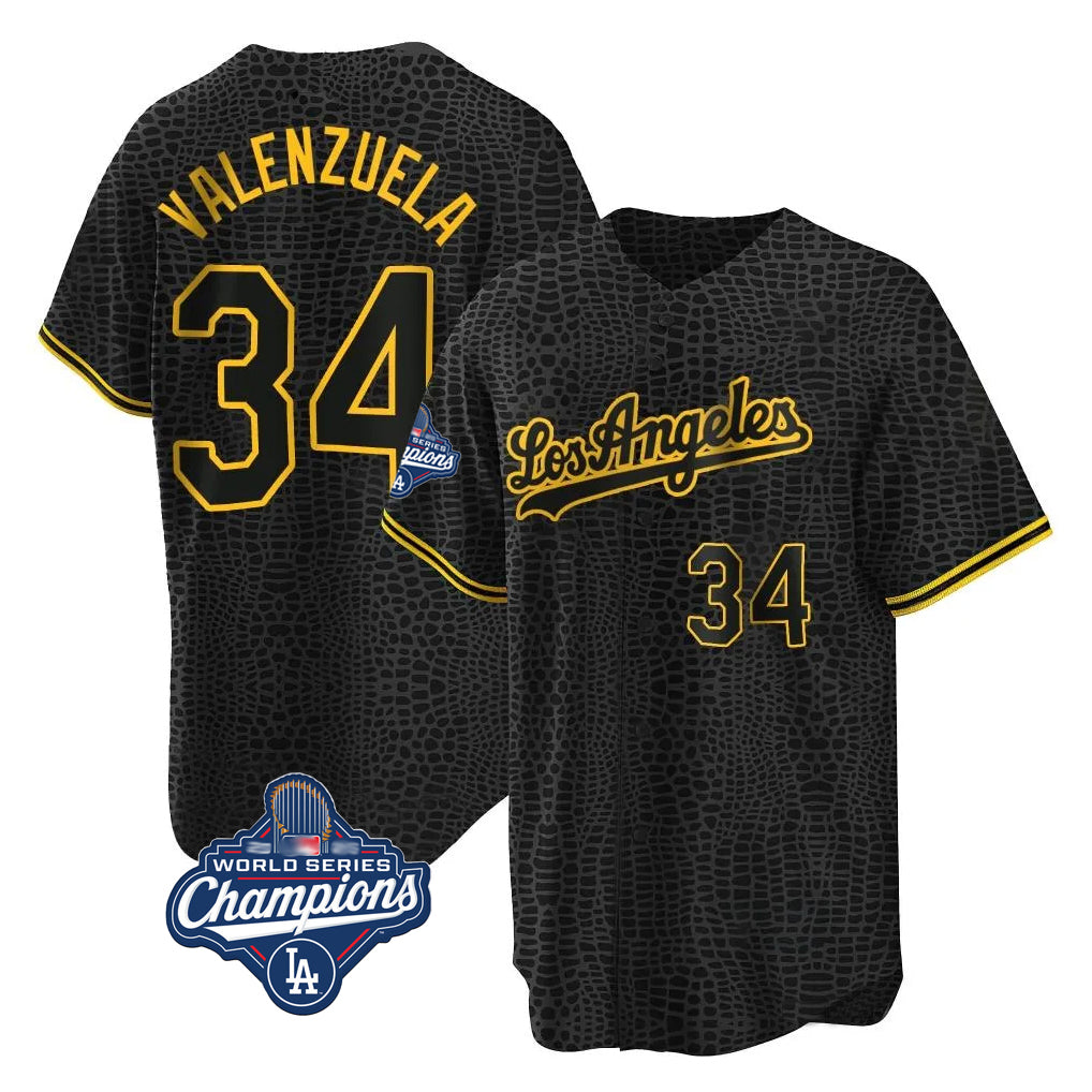 LA.Dodgers #34 Fernando Valenzuela Player Black World Series Meet Snake Skin City Game Home Hdoa Stitched Jerseys