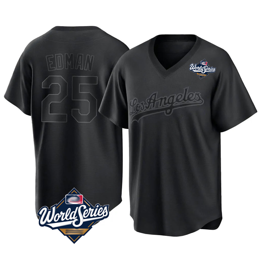 LA.Dodgers #25 Tommy Edman Player Black World Series Pitch Fashion T-shirt Hdoa Stitched Jerseys