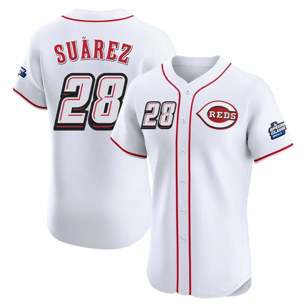 C.Reds #28 Eugenio Su¨¢rez Player White Speedway Classic Limited Elite Home Hdoa Stitched Jerseys