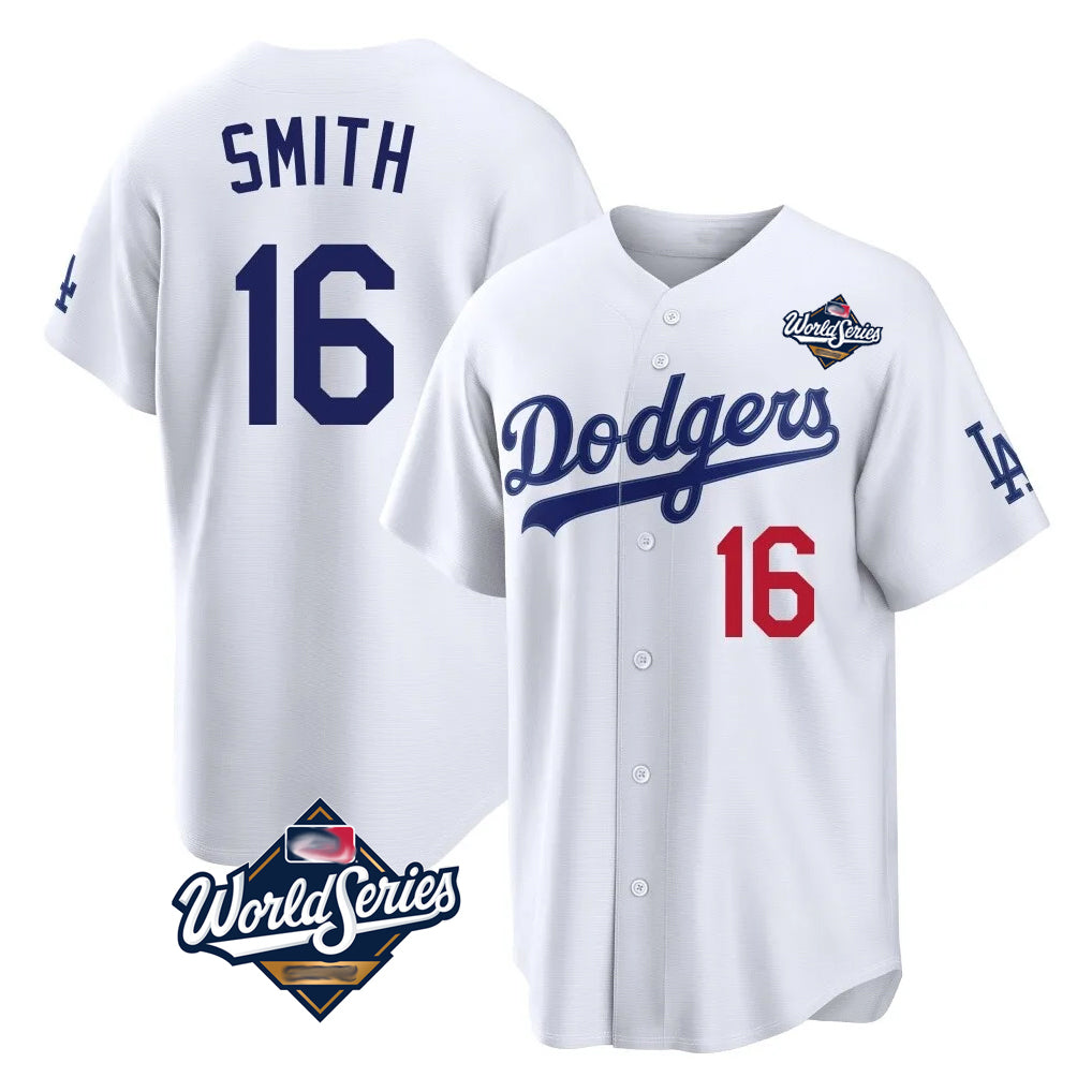 LA.Dodgers #16 Will Smith Player White World Series Home Game Hdoa Stitched Jerseys