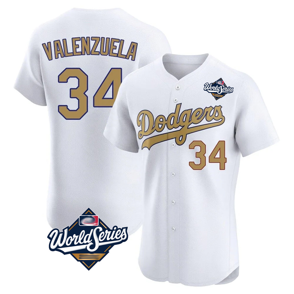 LA.Dodgers #34 Fernando Valenzuela Player Gold World Series Limited Elite Home Hdoa Stitched Jerseys