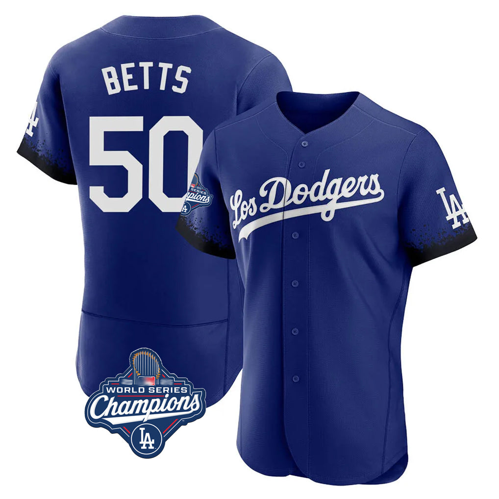 LA.Dodgers #50 Mookie Betts Player Royal World Series Meet City Connect Elite Home Hdoa Stitched Jerseys