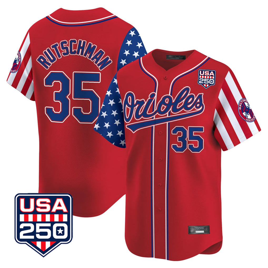 B.Orioles #35 Adley Rutschman Player Red USA 250 Independence Day Vapor Premier Limited Home Game Hdoa Stitched Jerseys