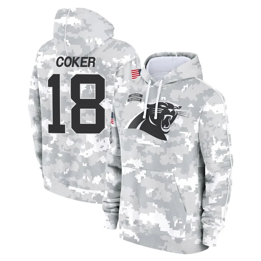 C.Panthers #18 Jalen Coker Player Arctic Camo Salute to Service Pullover Hoodies Limited Game Hdoa Stitched Jerseys