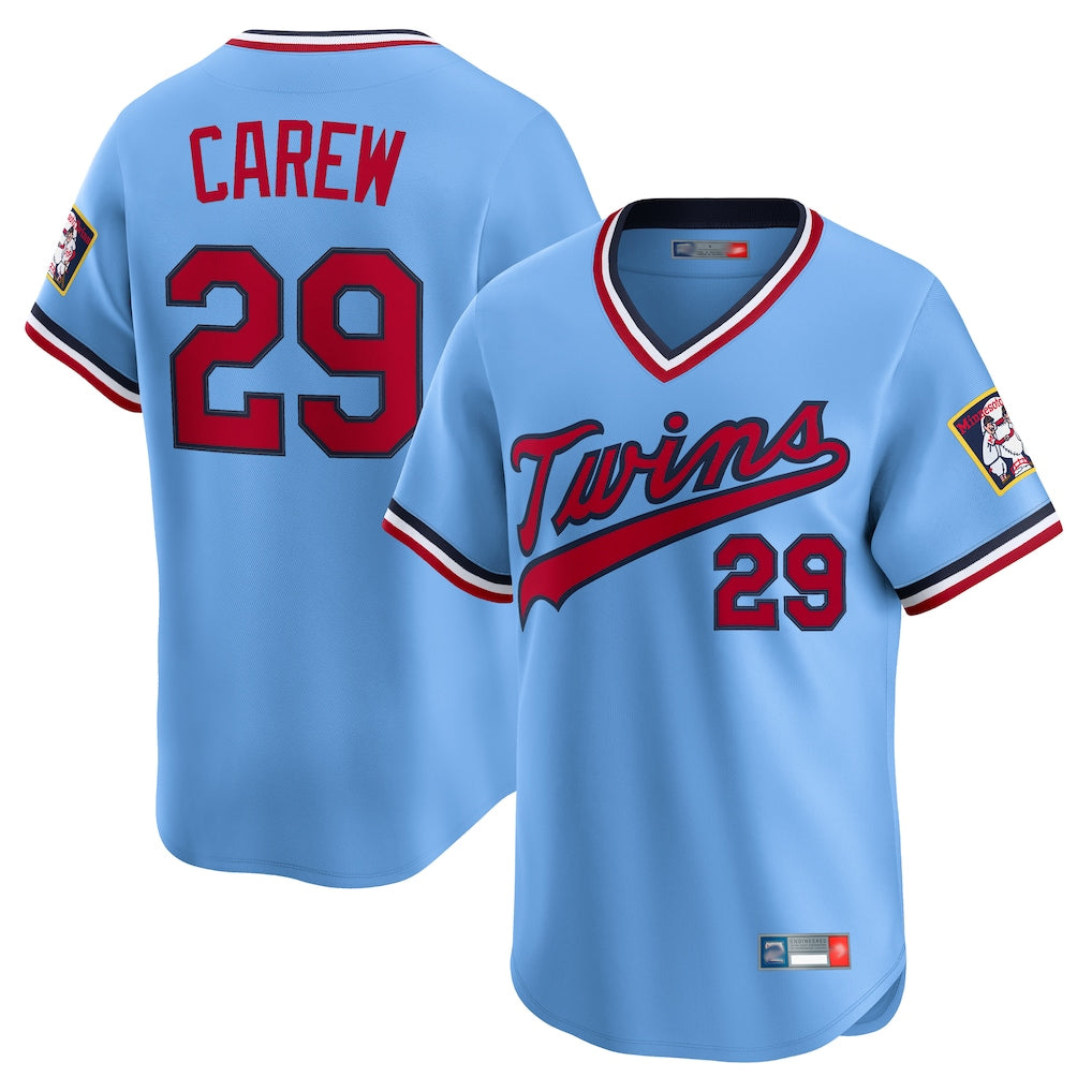 M.Twins #29 Rod Carew Player Light Blue Throwback Cooperstown Collection Limited T-shirt Hdoa Stitched Jerseys