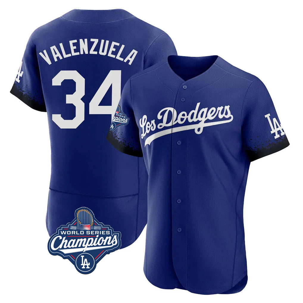 LA.Dodgers #34 Fernando Valenzuela Player Royal World Series Meet City Connect Elite Home Hdoa Stitched Jerseys